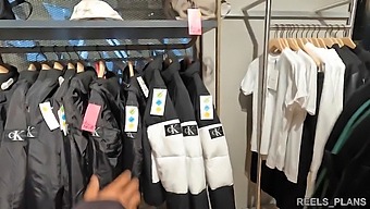 Two Unknowns Take Turns On A British Coed'S Ample Rear In A Fitting Room